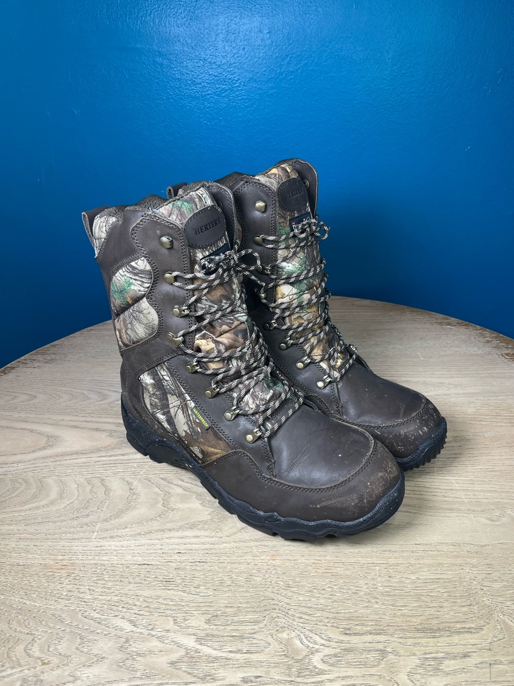 Herter’s Brown Leather Camo Boots Waterproof Hunting Outdoor Men’s Size 13W